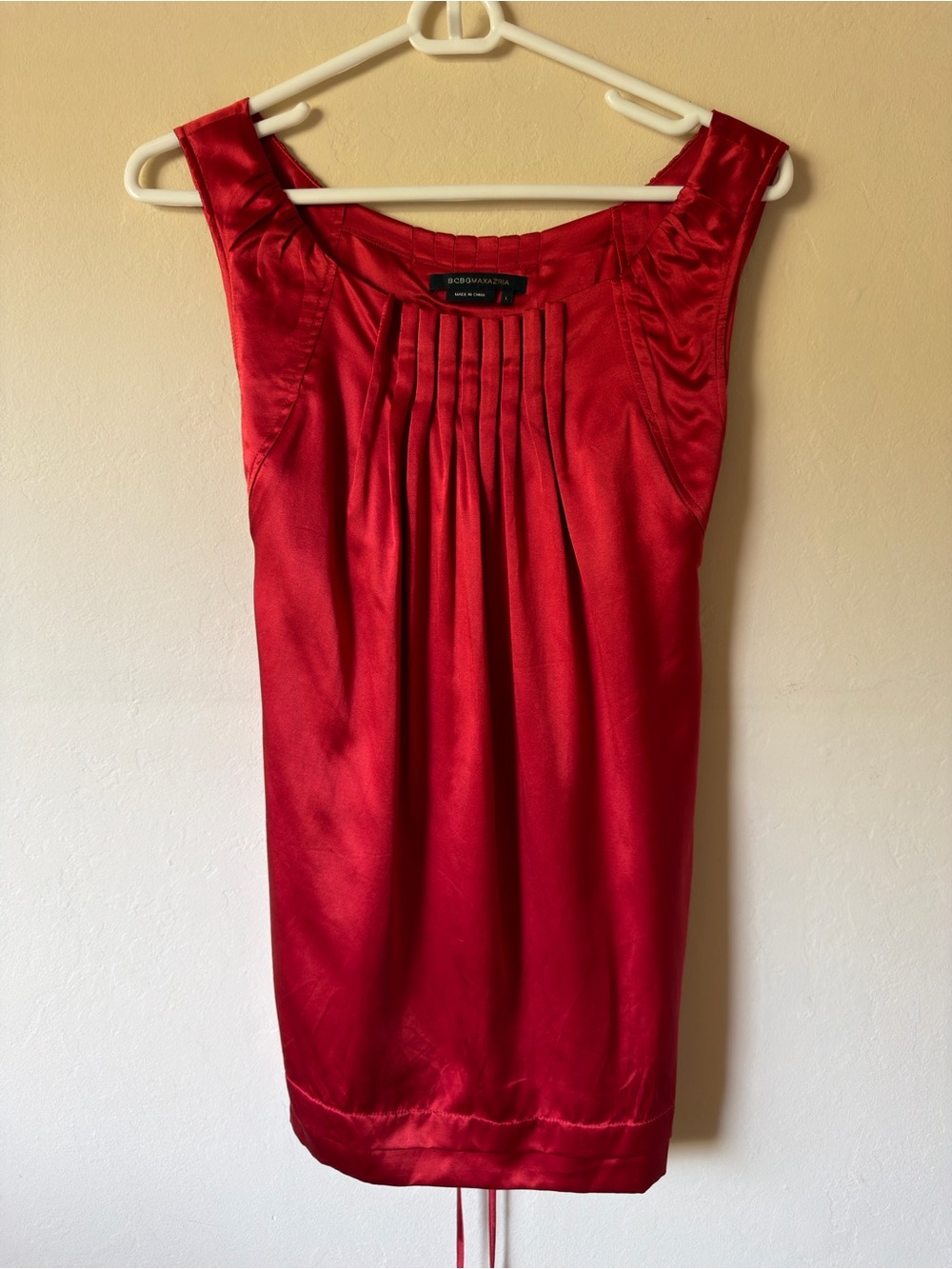 BCBGMaxAzria Red Silk Pleated Babydoll Top